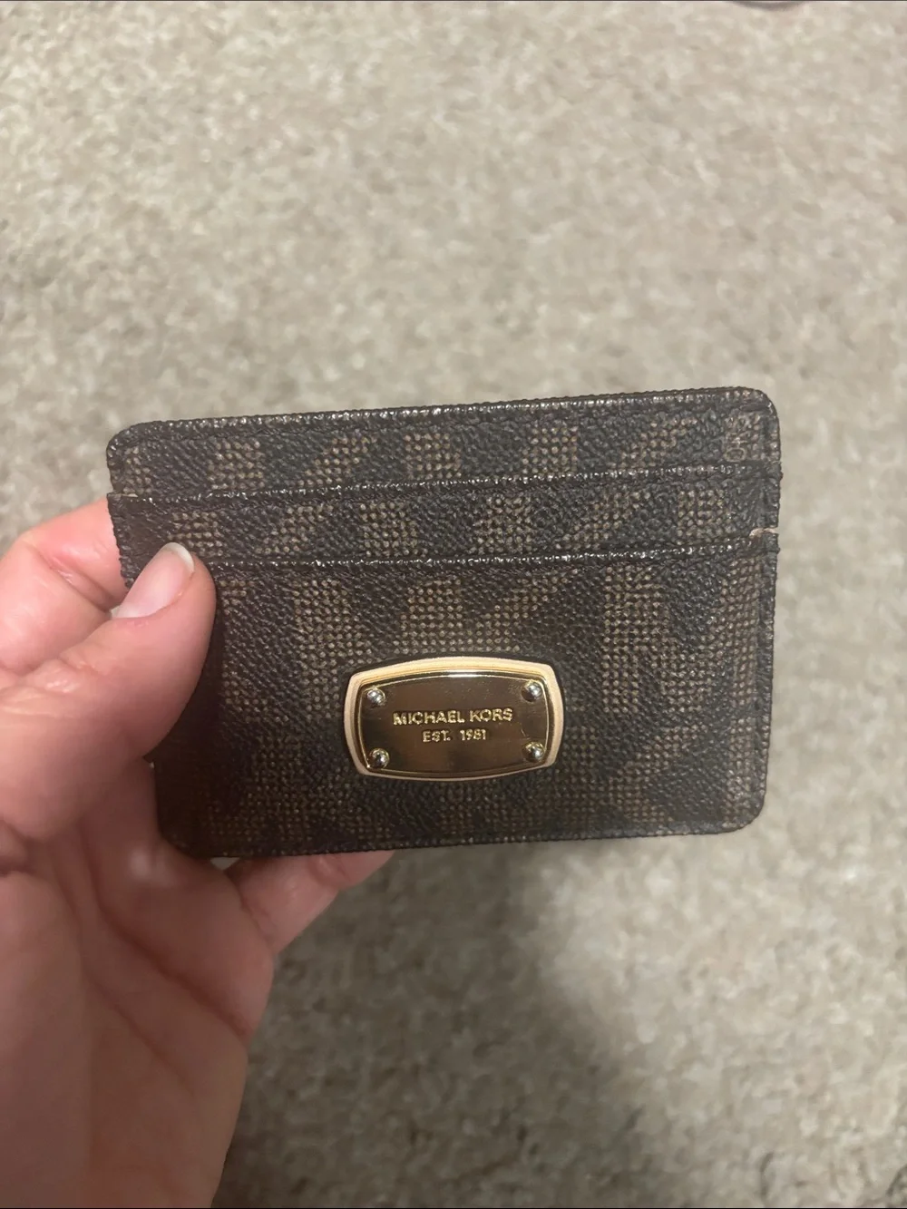 Michael Kors Brown Logo Monogram Card Holder with Gold Plaque